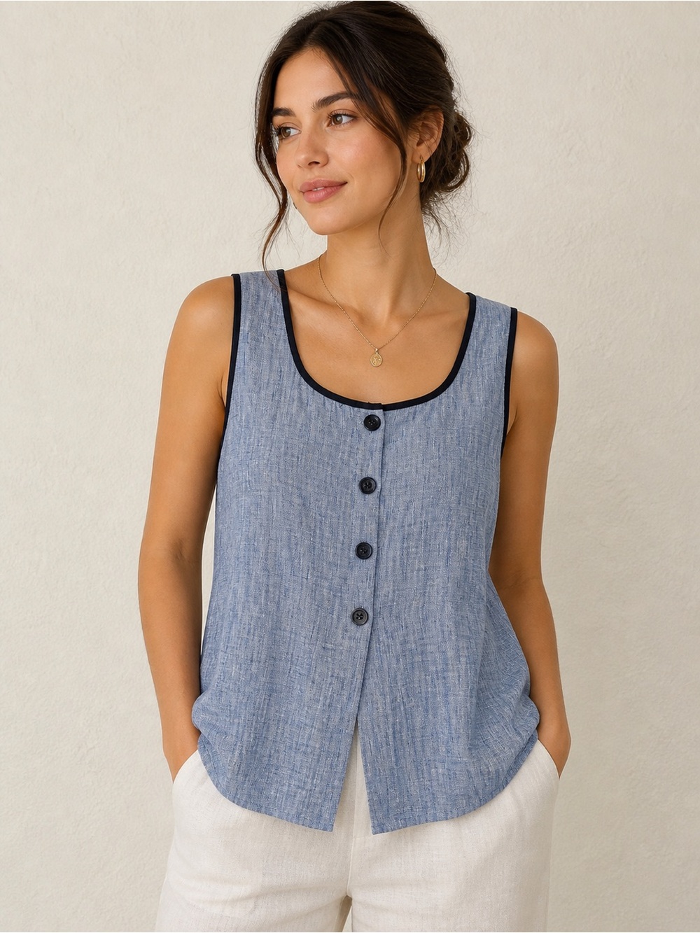 Blue Tank Top with Black Trim and Buttons
